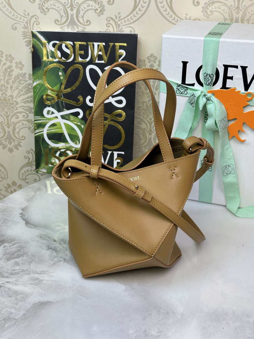 Loewe Mini Puzzle Fold tote in shiny calfskin A657V25X01 Brown