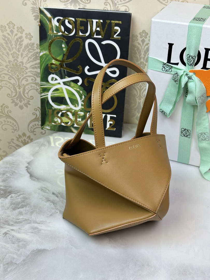 Loewe Mini Puzzle Fold tote in shiny calfskin A657V25X01 Brown