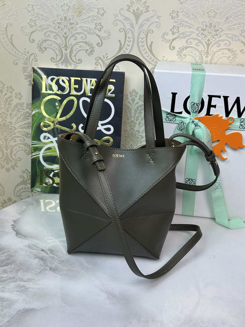 Loewe Mini Puzzle Fold tote in shiny calfskin A657V25X01 Dark Green