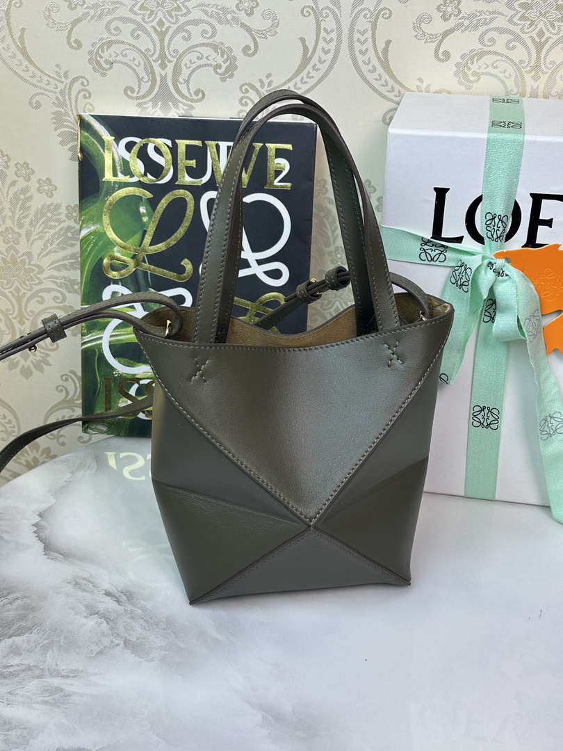 Loewe Mini Puzzle Fold tote in shiny calfskin A657V25X01 Dark Green