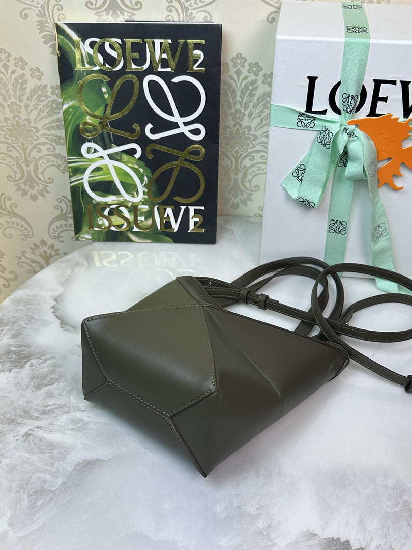 Loewe Mini Puzzle Fold tote in shiny calfskin A657V25X01 Dark Green
