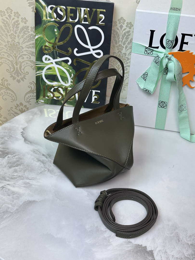 Loewe Mini Puzzle Fold tote in shiny calfskin A657V25X01 Dark Green