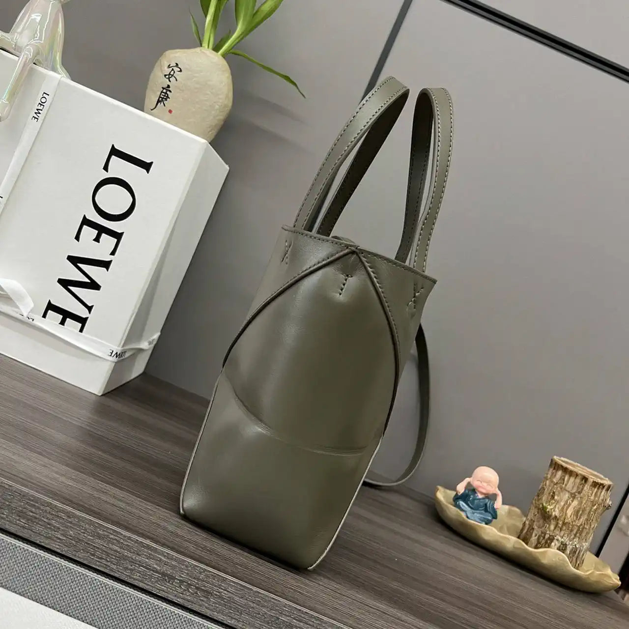 Loewe A657V25X01  Mini Puzzle Fold tote in shiny calfskin Dark Green