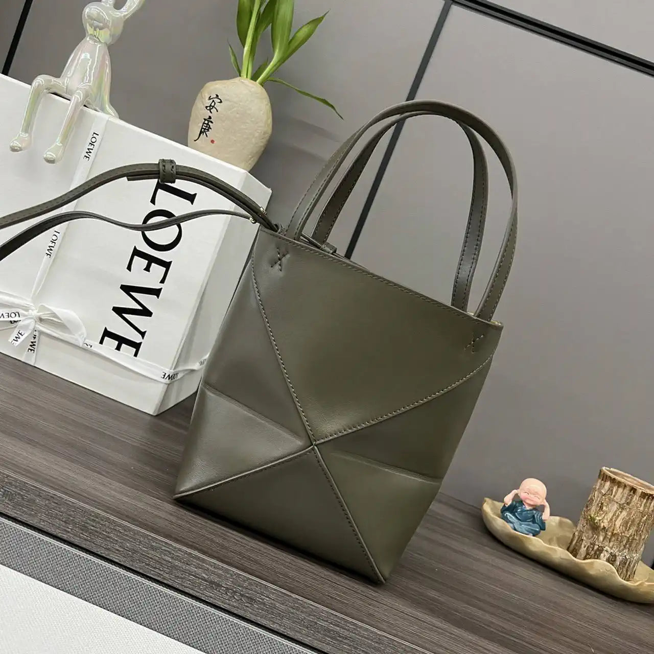 Loewe A657V25X01  Mini Puzzle Fold tote in shiny calfskin Dark Green