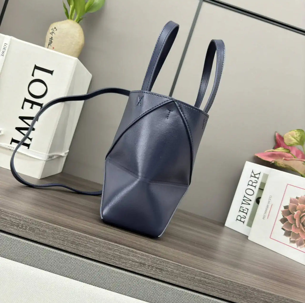Loewe Mini Puzzle Fold tote in shiny calfskin A657V25X01 Navy Blue