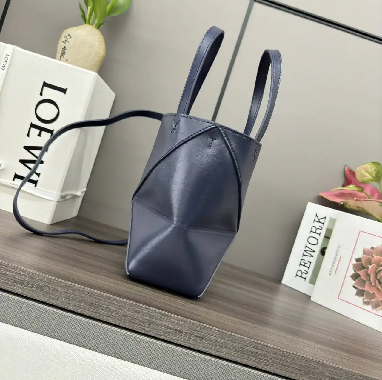 Loewe Mini Puzzle Fold tote in shiny calfskin A657V25X01 Navy Blue