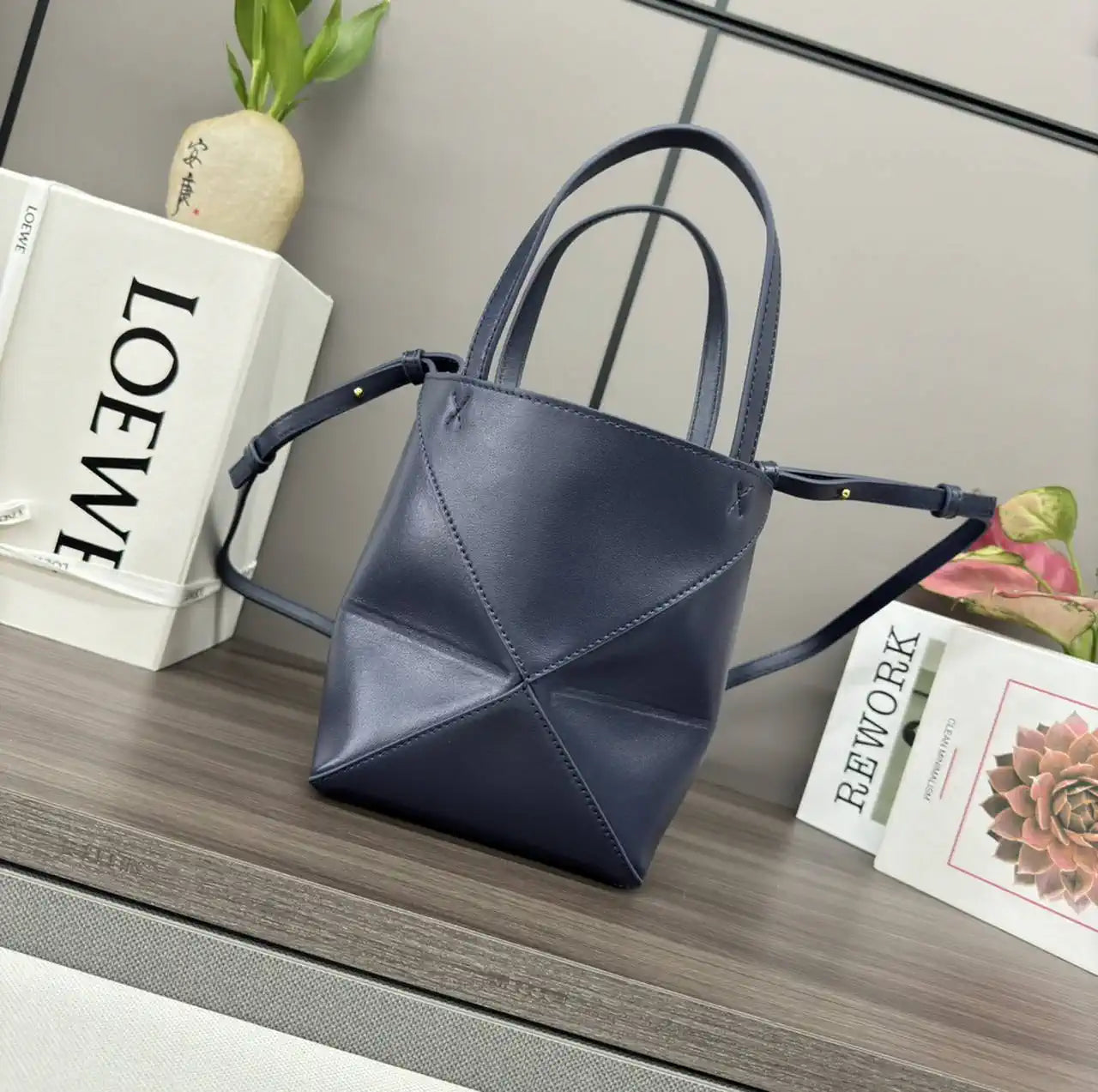 Loewe Mini Puzzle Fold tote in shiny calfskin A657V25X01 Navy Blue