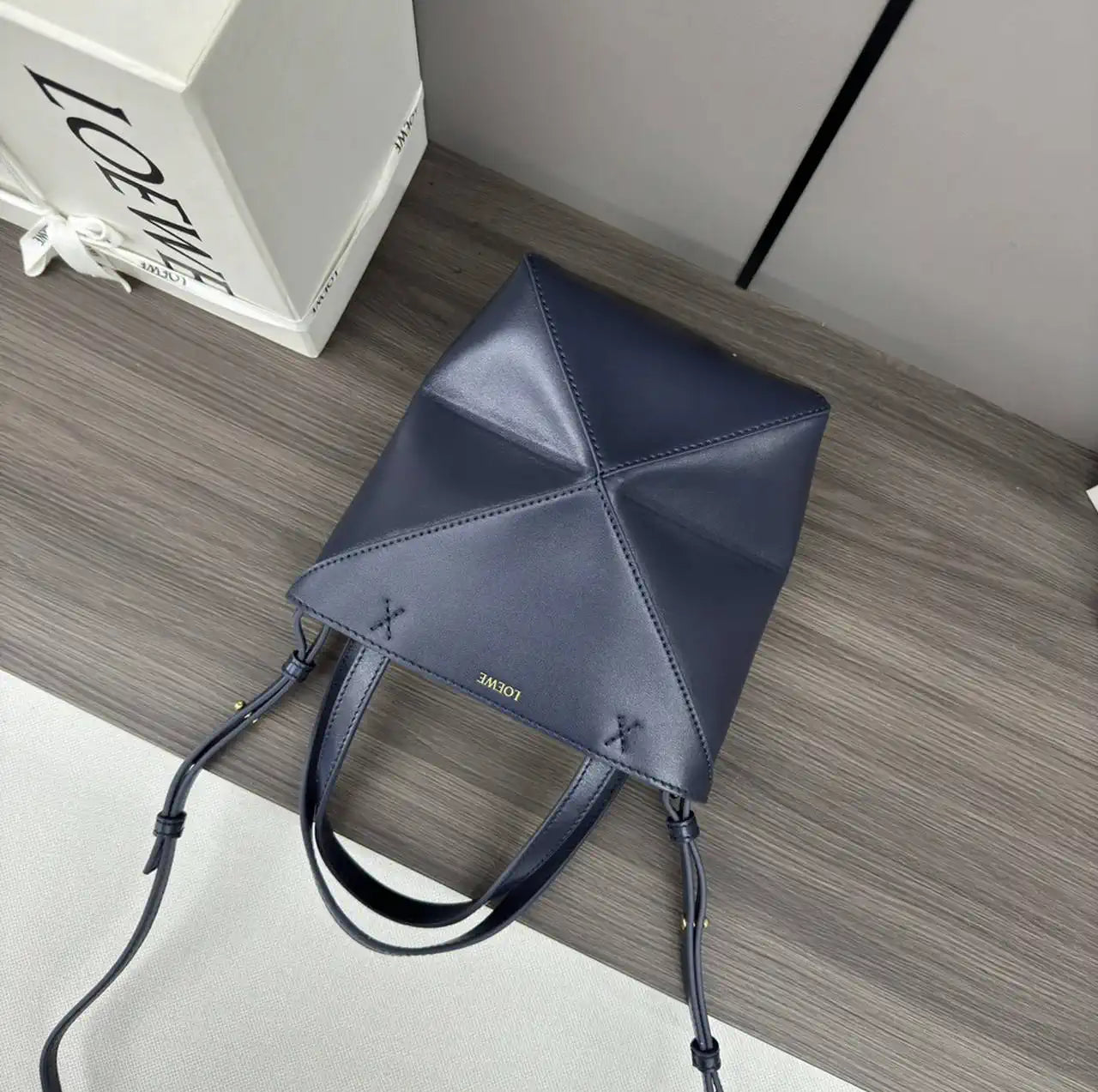 Loewe Mini Puzzle Fold tote in shiny calfskin A657V25X01 Navy Blue