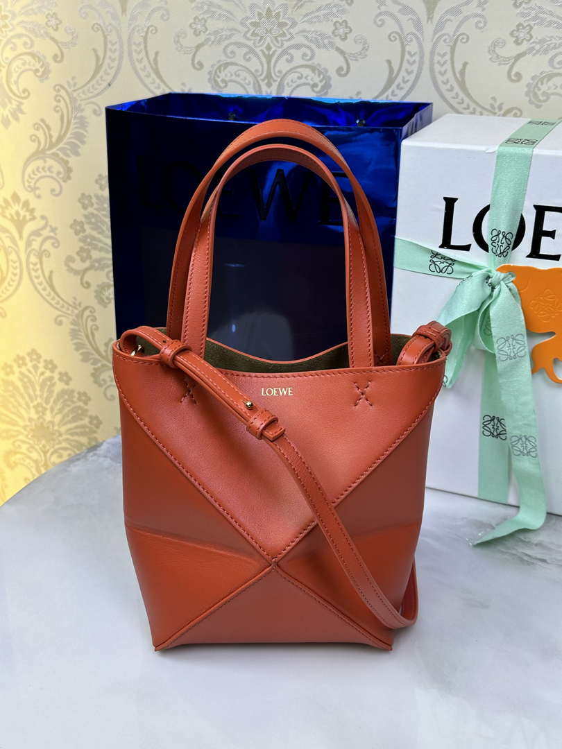 Loewe Mini Puzzle Fold tote in shiny calfskin A657V25X01 Orange Red