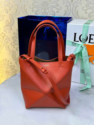 Loewe Mini Puzzle Fold tote in shiny calfskin A657V25X01 Orange Red - Default Title - View 1