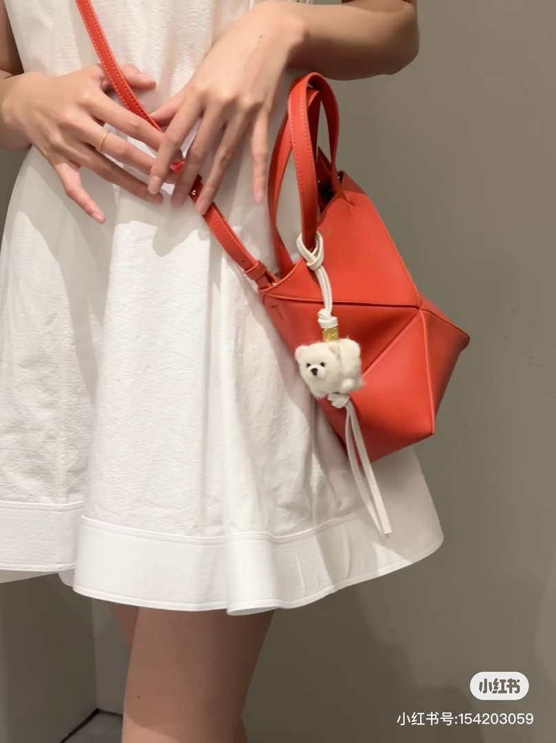 Loewe Mini Puzzle Fold tote in shiny calfskin A657V25X01 Orange Red