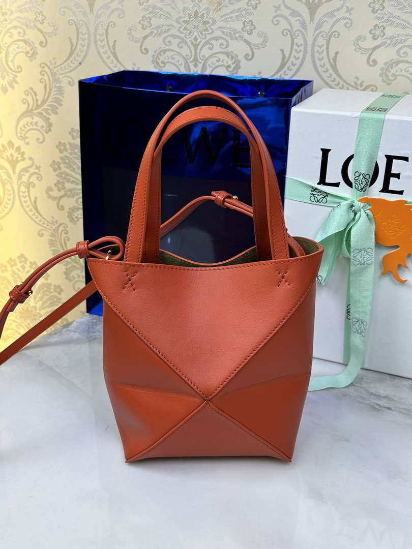 Loewe Mini Puzzle Fold tote in shiny calfskin A657V25X01 Orange Red