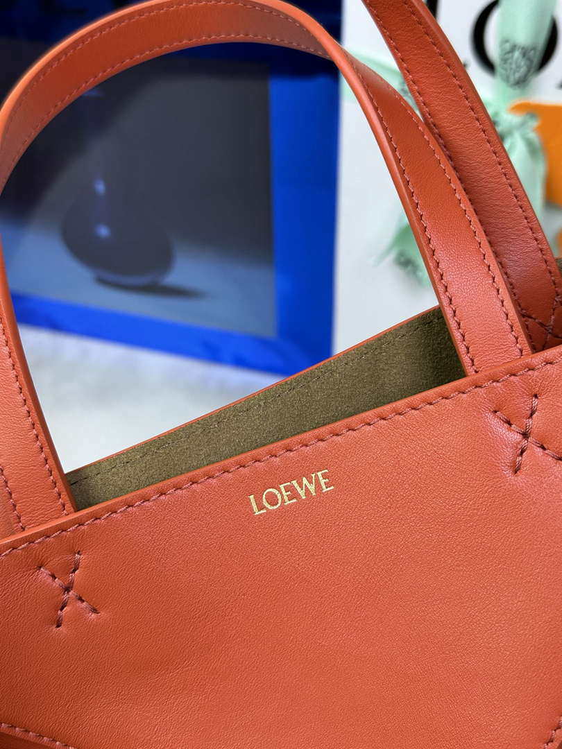 Loewe Mini Puzzle Fold tote in shiny calfskin A657V25X01 Orange Red