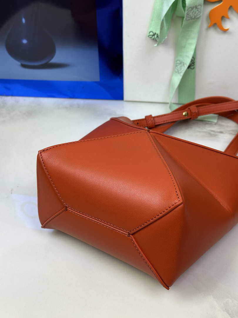 Loewe Mini Puzzle Fold tote in shiny calfskin A657V25X01 Orange Red
