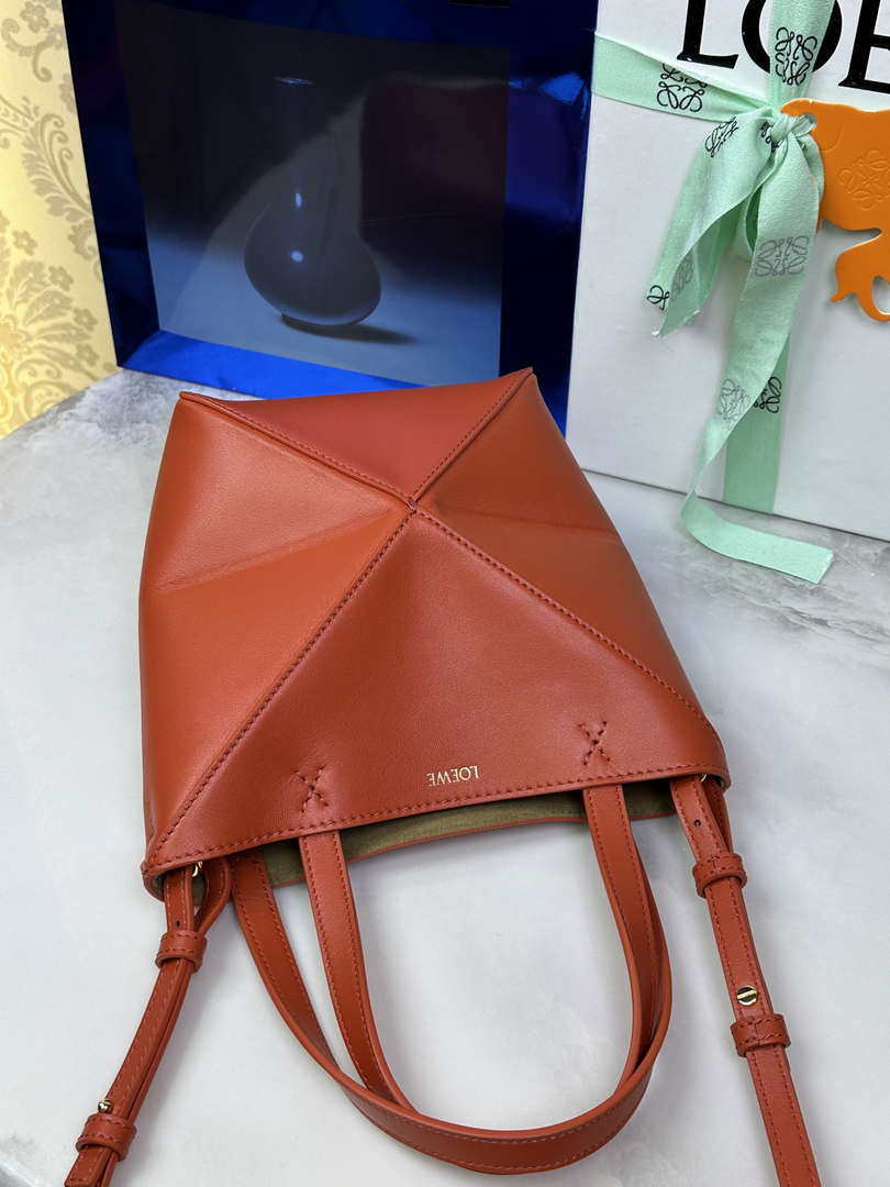Loewe Mini Puzzle Fold tote in shiny calfskin A657V25X01 Orange Red