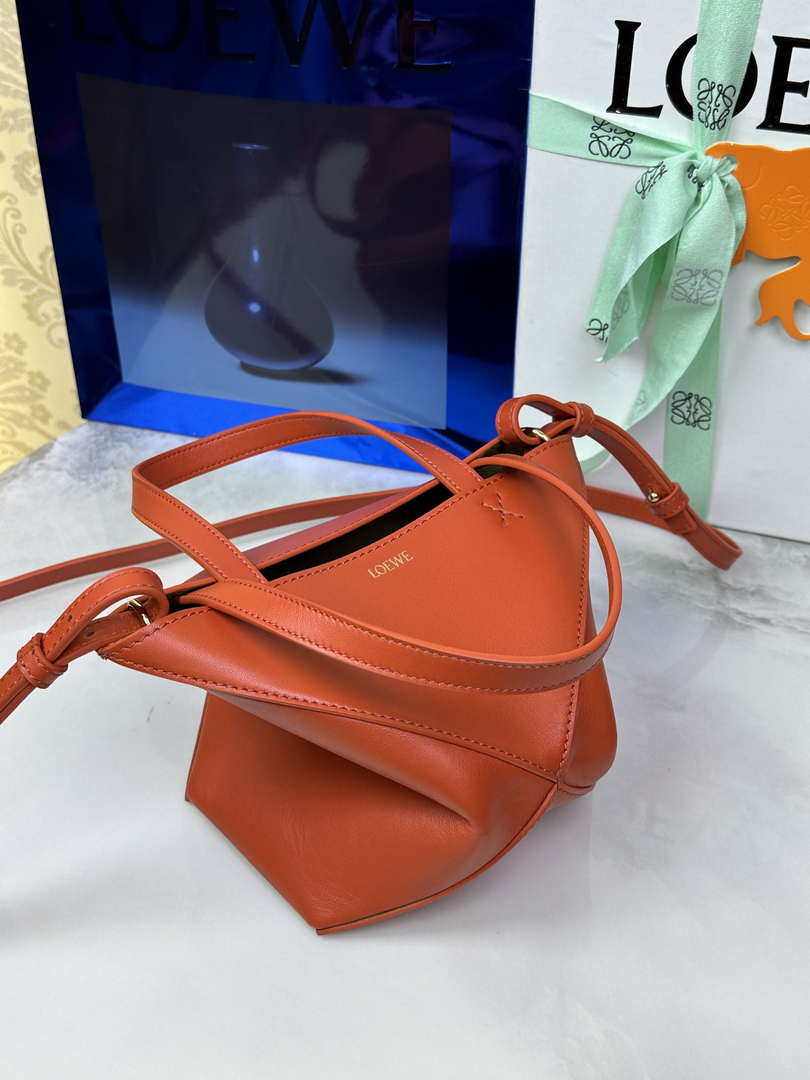 Loewe Mini Puzzle Fold tote in shiny calfskin A657V25X01 Orange Red