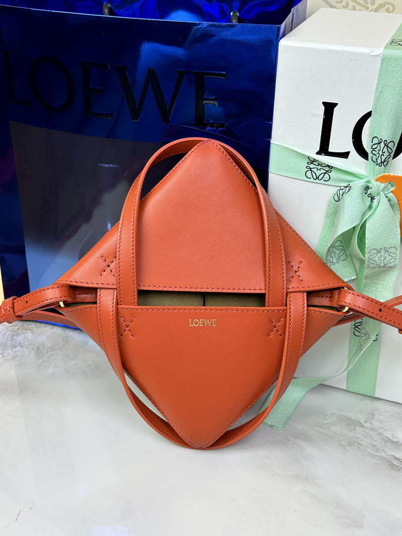 Loewe Mini Puzzle Fold tote in shiny calfskin A657V25X01 Orange Red