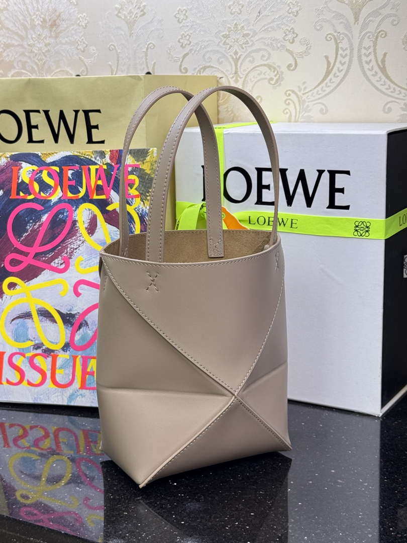 Loewe Mini Puzzle Fold tote in shiny calfskin A657V25X01 Nude Pink