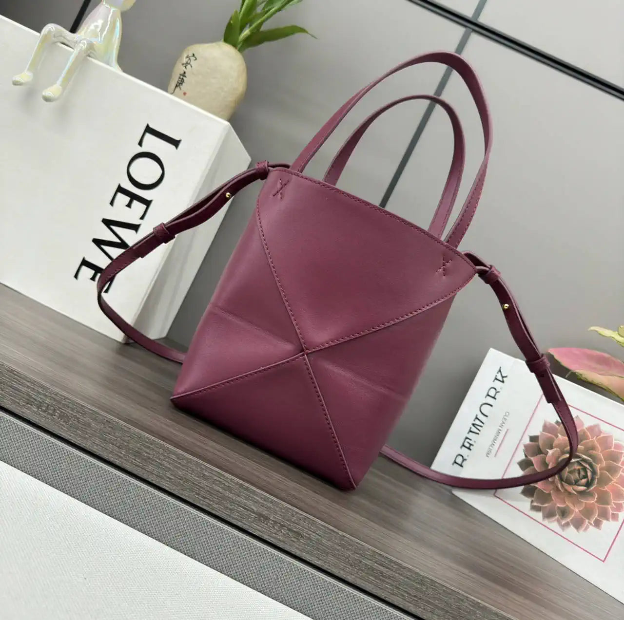 Loewe Mini Puzzle Fold tote in shiny calfskin A657V25X01 Wine Red