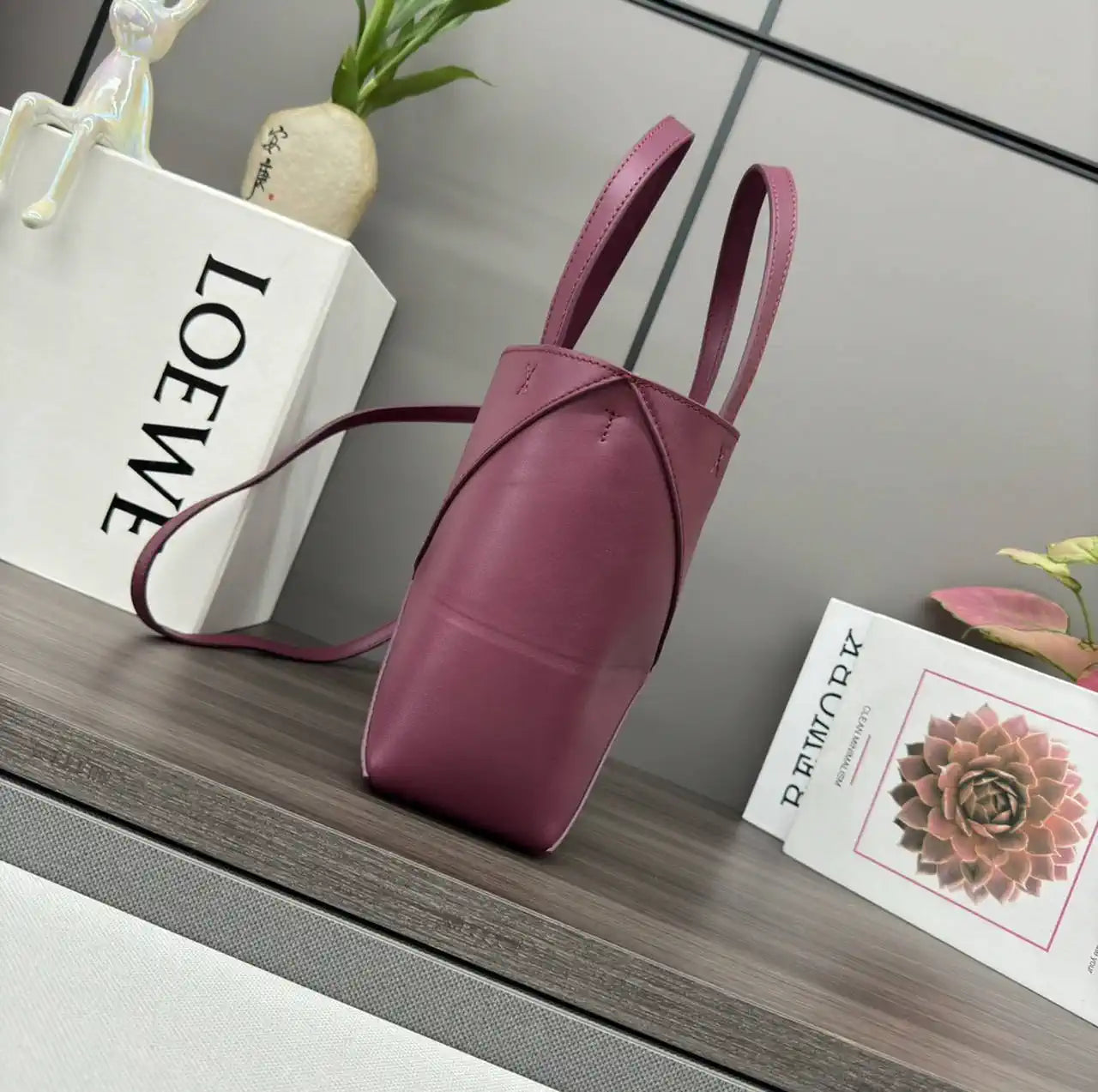 Loewe Mini Puzzle Fold tote in shiny calfskin A657V25X01 Wine Red