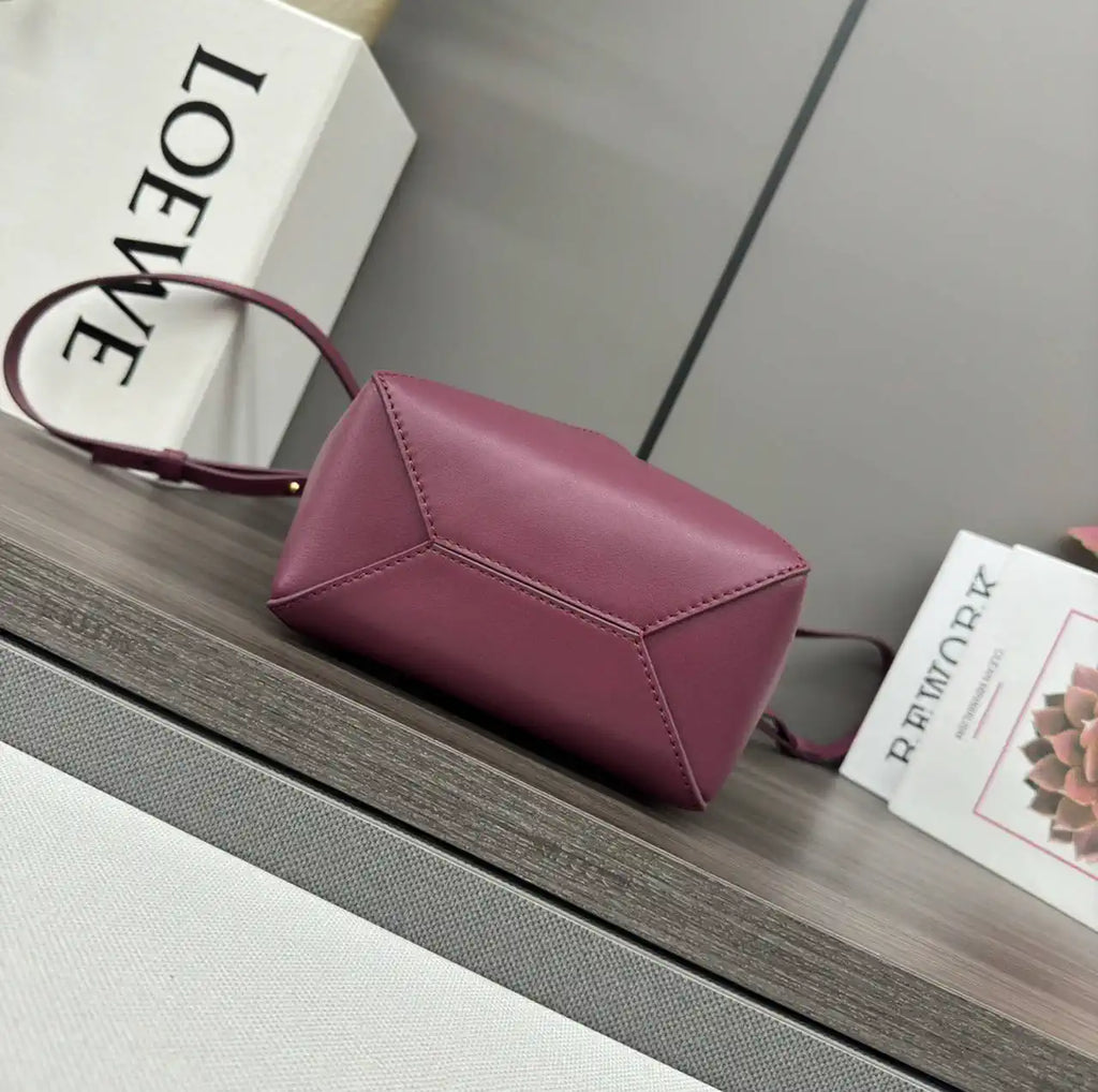 Loewe Mini Puzzle Fold tote in shiny calfskin A657V25X01 Wine Red