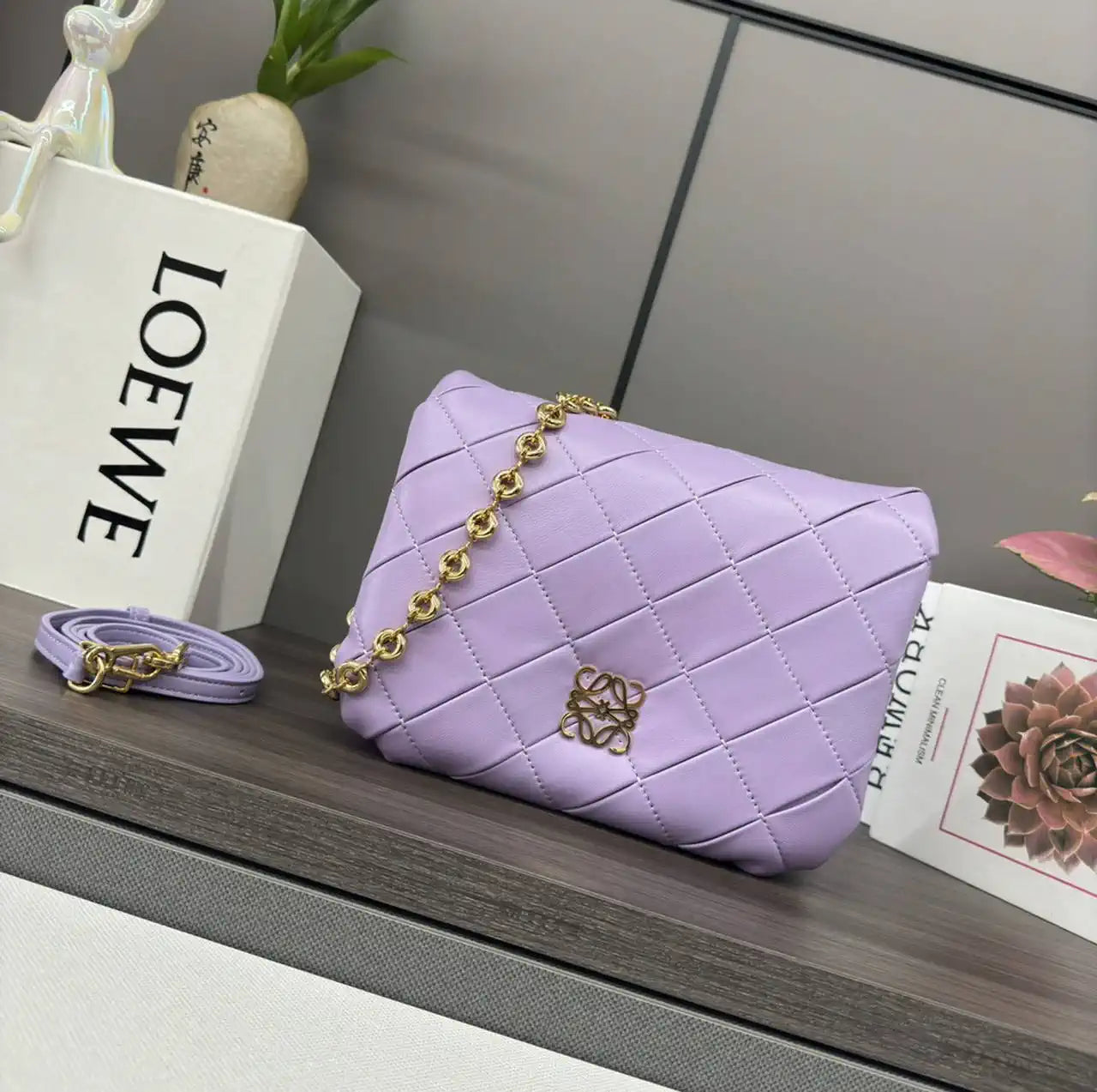 Loewe Large Puffer Goya Bag in Pleated Shiny Nappa 062466 Purple