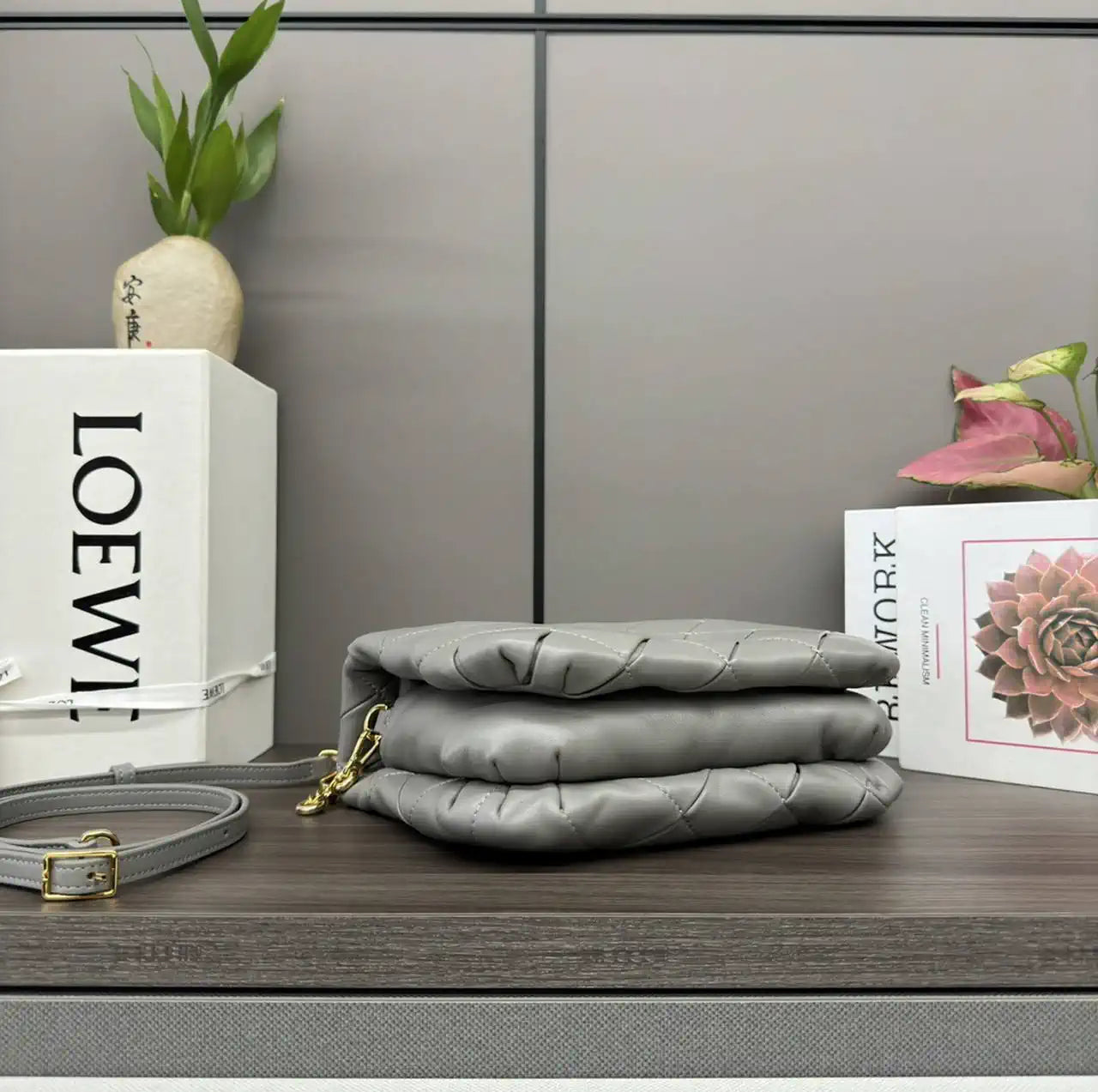 Loewe Large Puffer Goya Bag in Pleated Shiny Nappa 062466 Gray