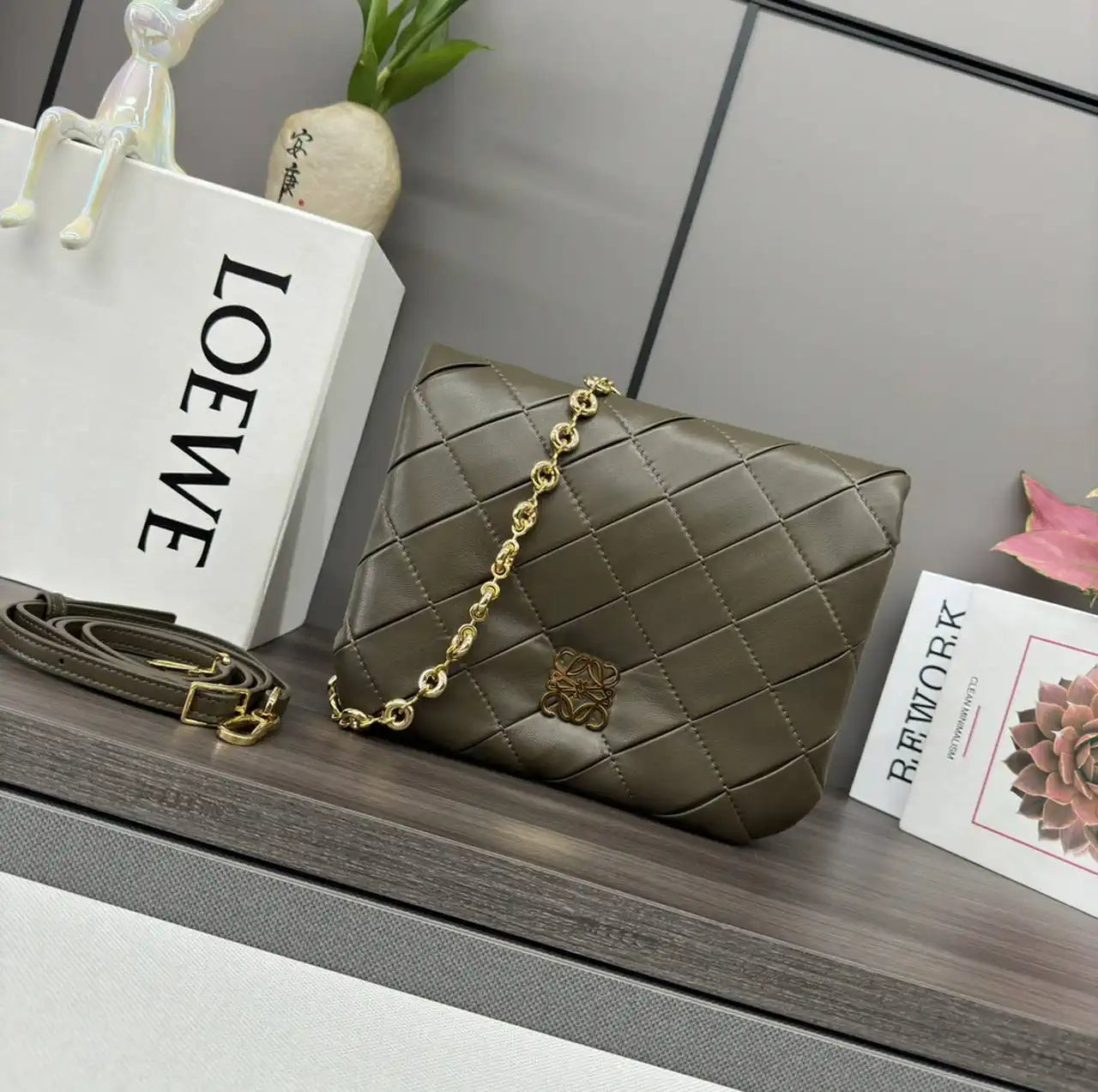 Loewe Large Puffer Goya Bag in Pleated Shiny Nappa 062466 Dark Green