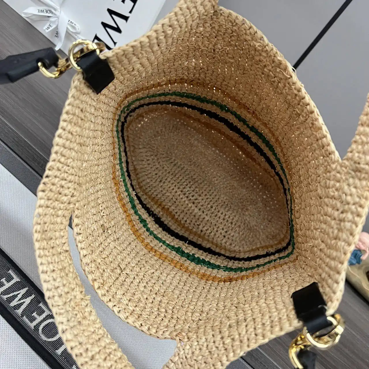 Loewe Slit pochette bag in raffia and calfskin 32824W10 Black