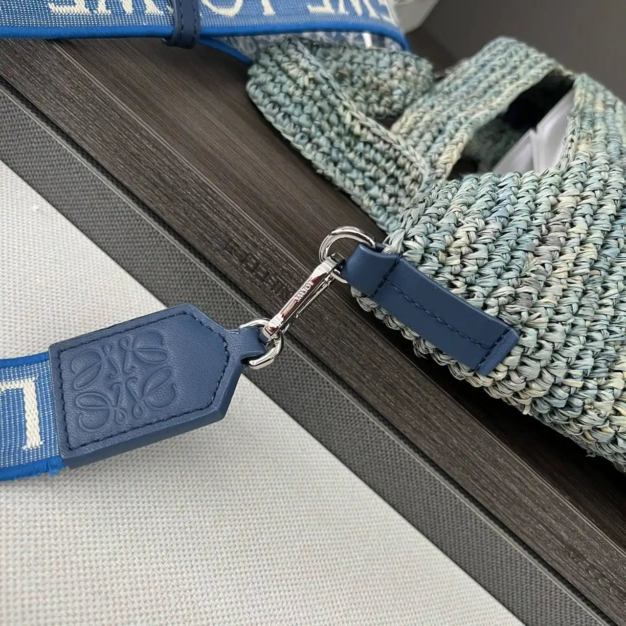 Loewe Slit pochette bag in raffia and calfskin 32824W10 Blue