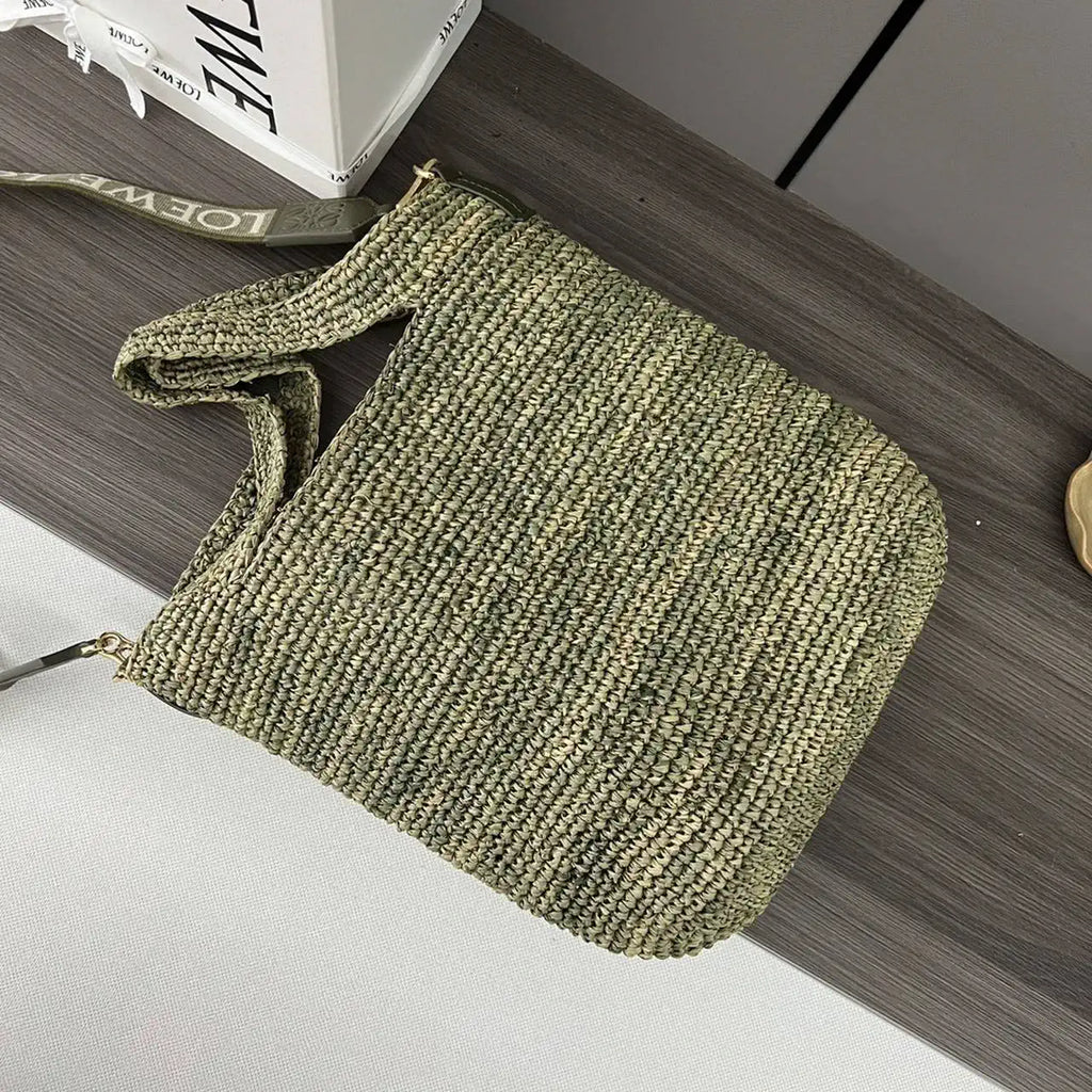 Loewe Slit pochette bag in raffia and calfskin 32824W10 Green
