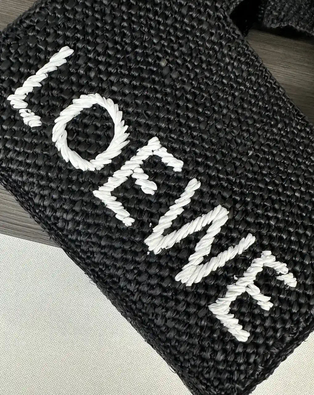 Loewe Small LOEWE Font tote in raffia A685B59X03 Black