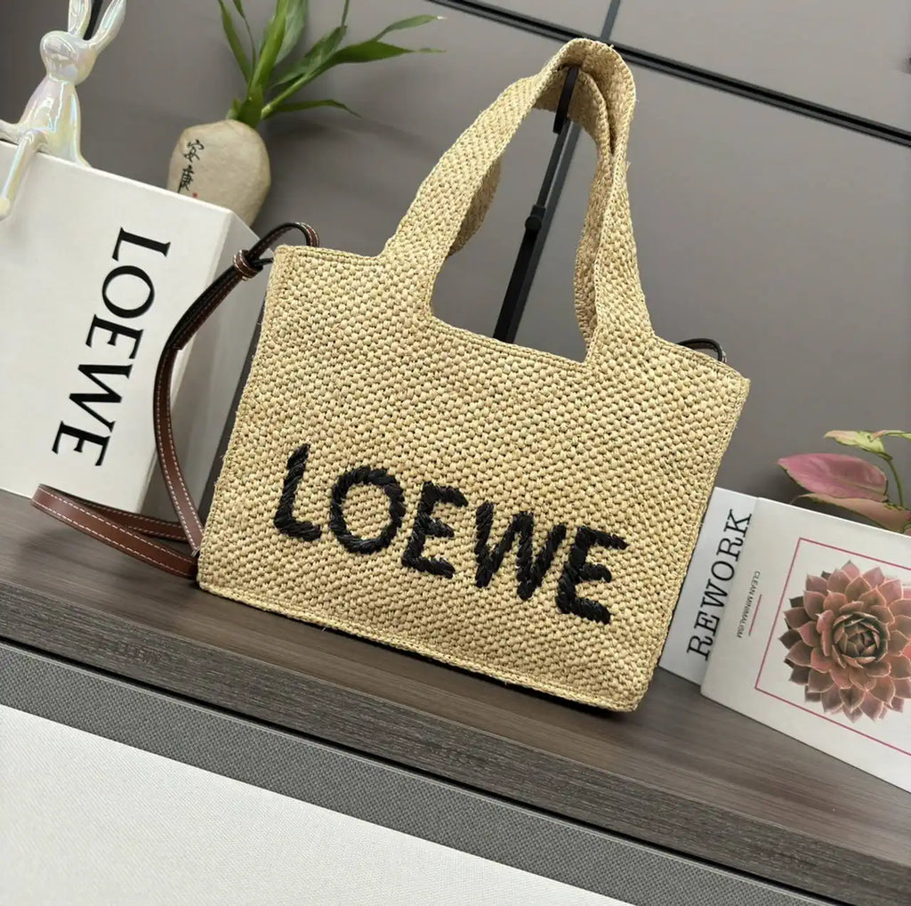 Loewe Small LOEWE Font tote in raffia A685B59X03 Natural
