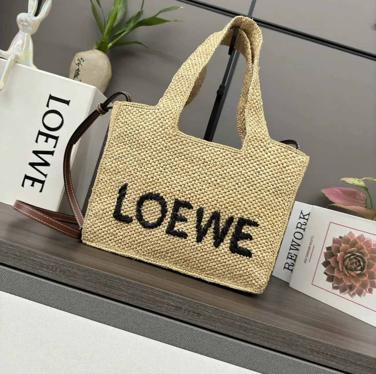 Loewe Small LOEWE Font tote in raffia A685B59X03 Natural