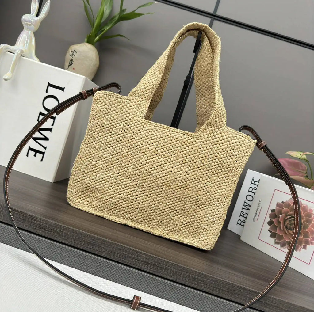 Loewe Small LOEWE Font tote in raffia A685B59X03 Natural