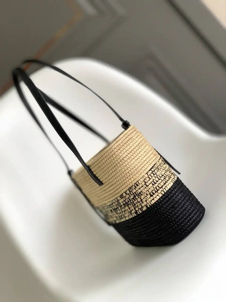 Loewe Small woven raffia basket bag 10112 Black