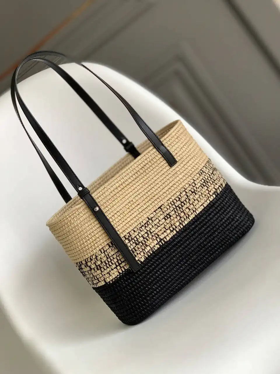 Loewe Small woven raffia basket bag 10112 Black