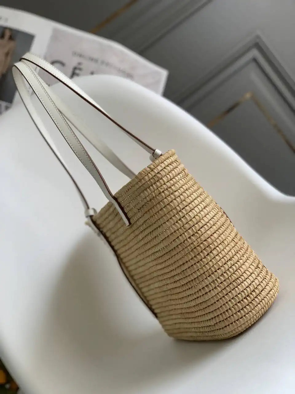 Loewe Small woven raffia basket bag 10112 White