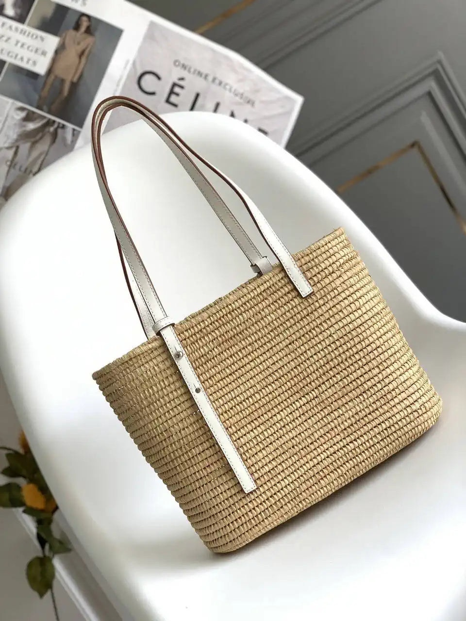 Loewe Small woven raffia basket bag 10112 White