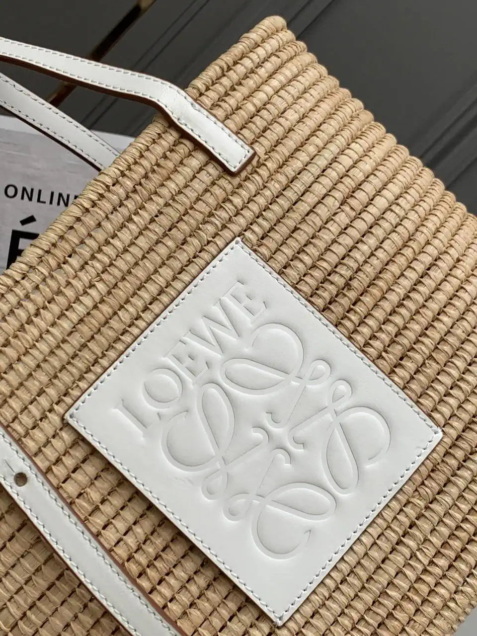 Loewe Small woven raffia basket bag 10112 White