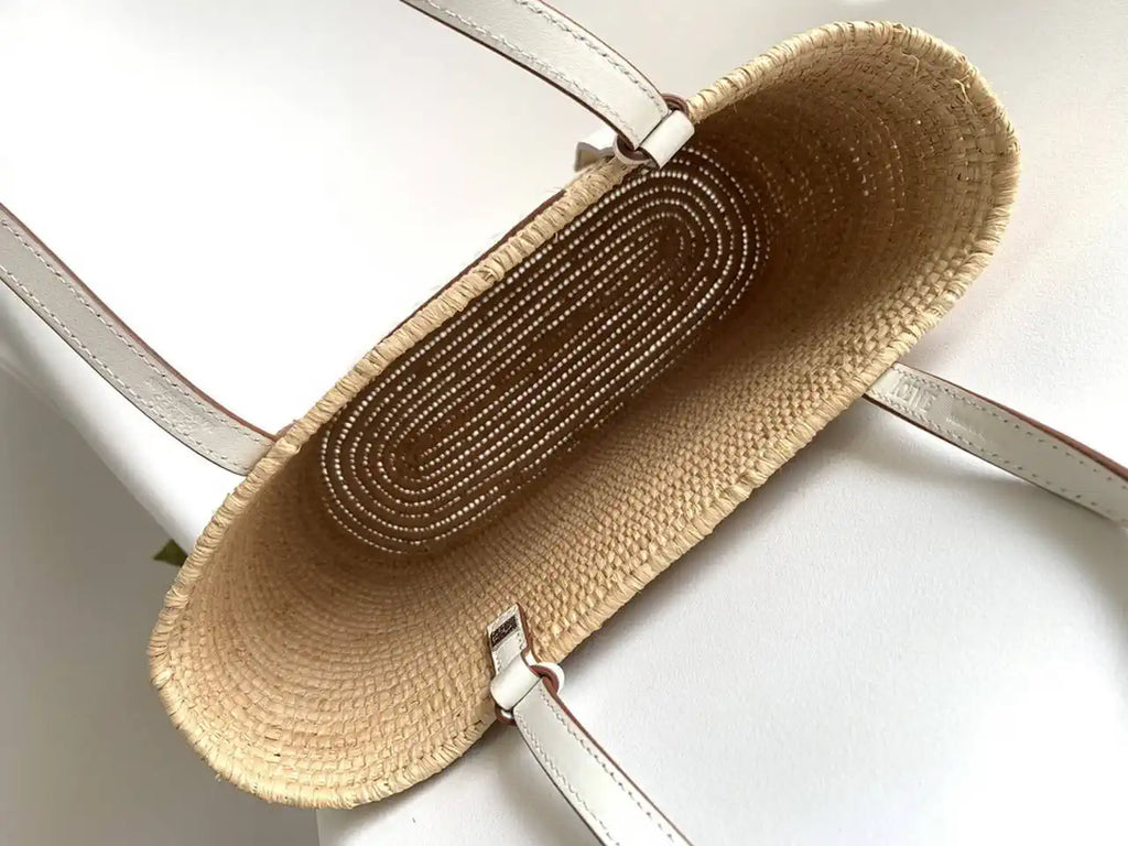 Loewe Small woven raffia basket bag 10112 White