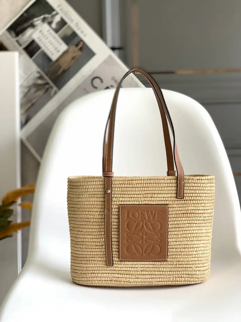 Loewe Small woven raffia basket bag 10112 Tan