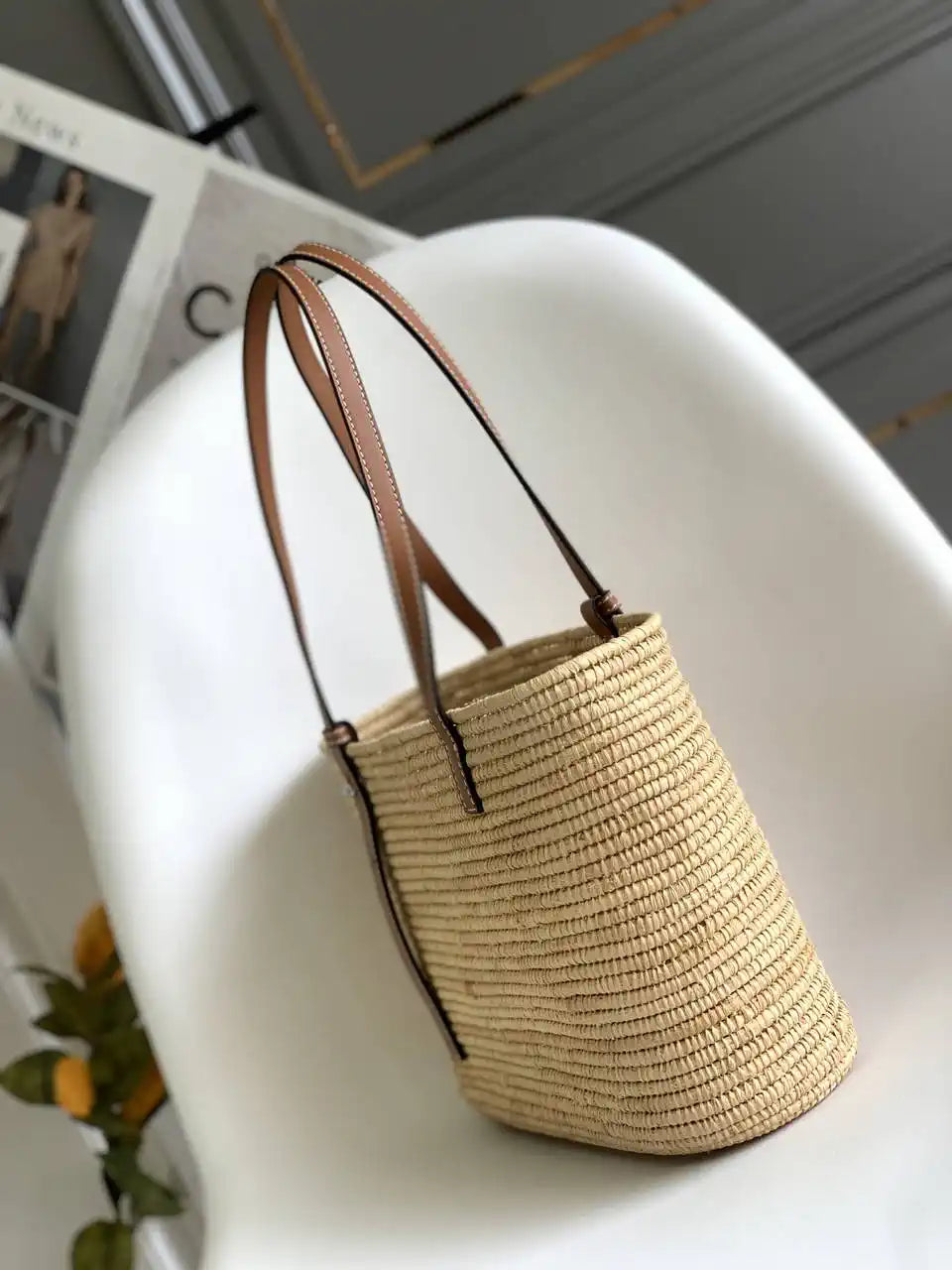 Loewe Small woven raffia basket bag 10112 Tan