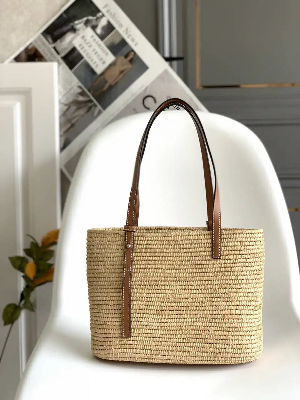 Loewe Small woven raffia basket bag 10112 Tan