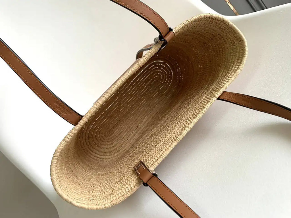 Loewe Small woven raffia basket bag 10112 Tan