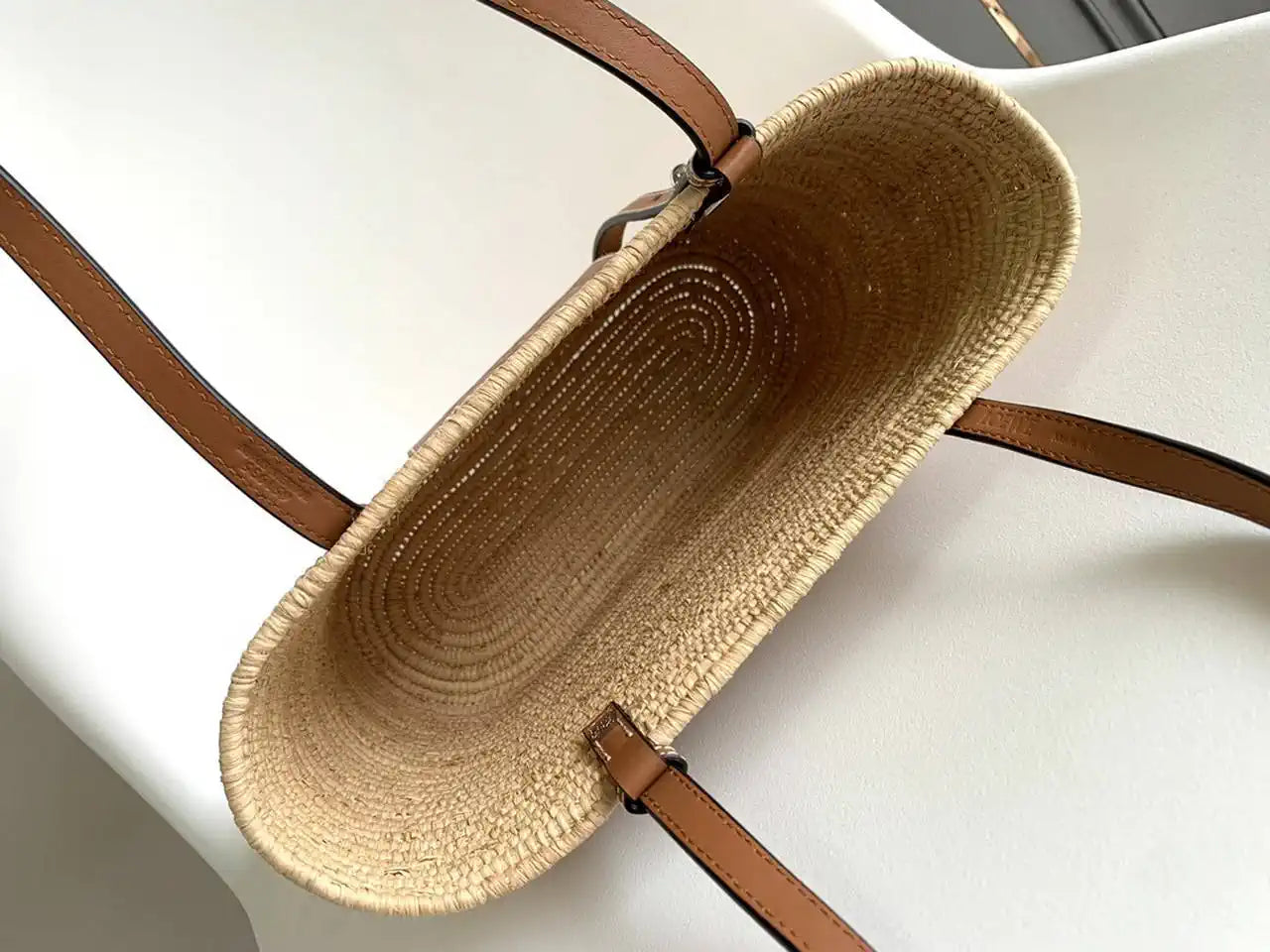 Loewe Small woven raffia basket bag 10112 Tan