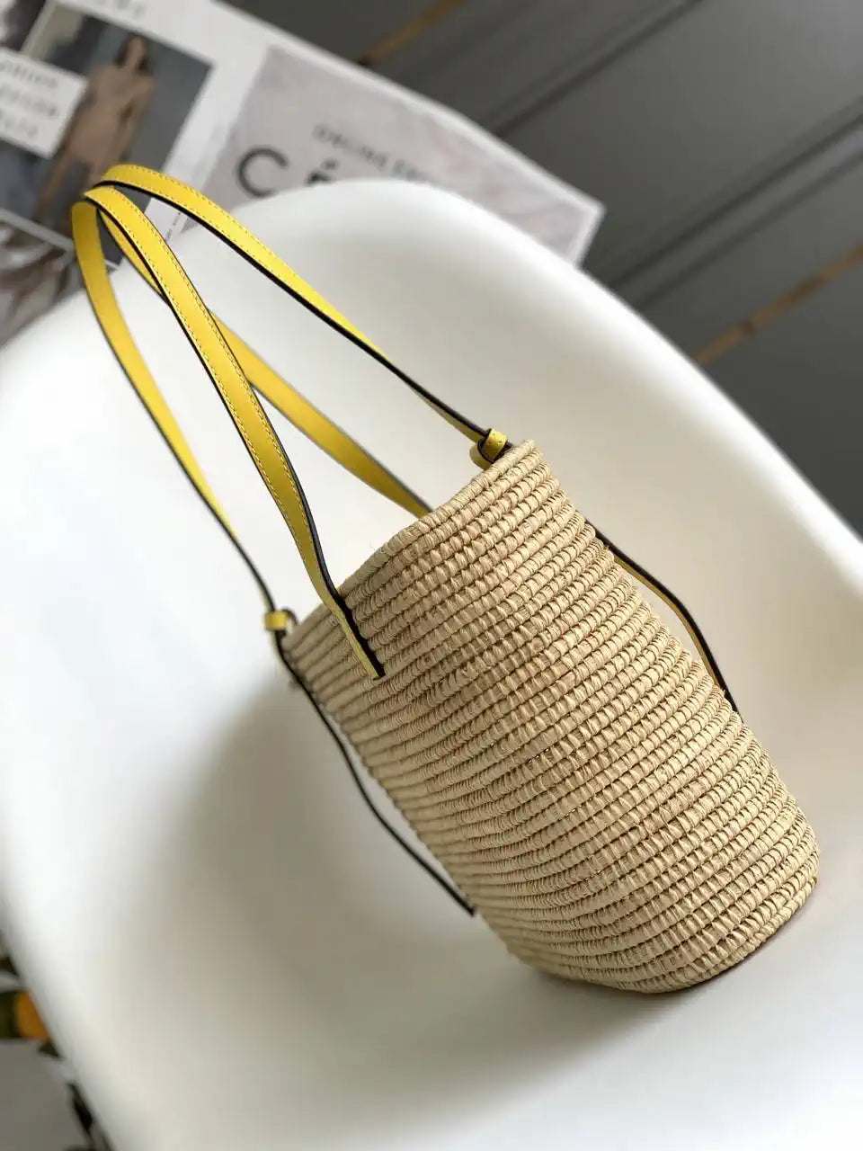 Loewe Small woven raffia basket bag 10112 Yellow
