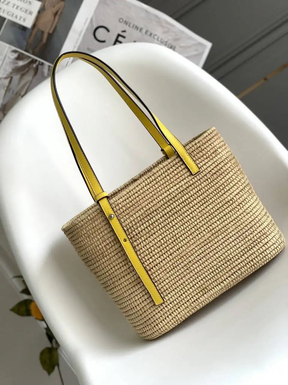 Loewe Small woven raffia basket bag 10112 Yellow