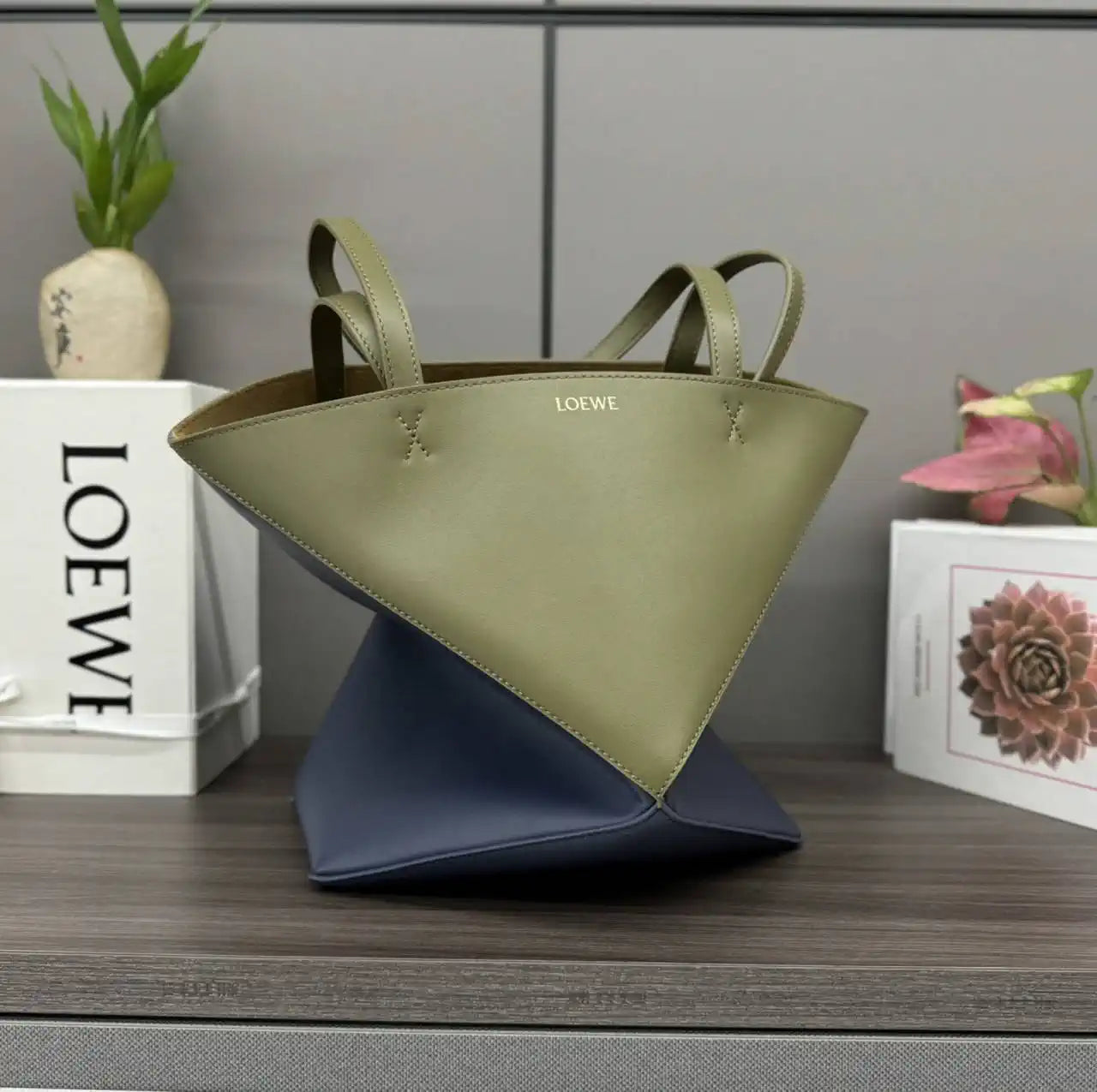 Loewe XL Puzzle Fold tote in shiny calfskin B933Q18X01 Blue Green