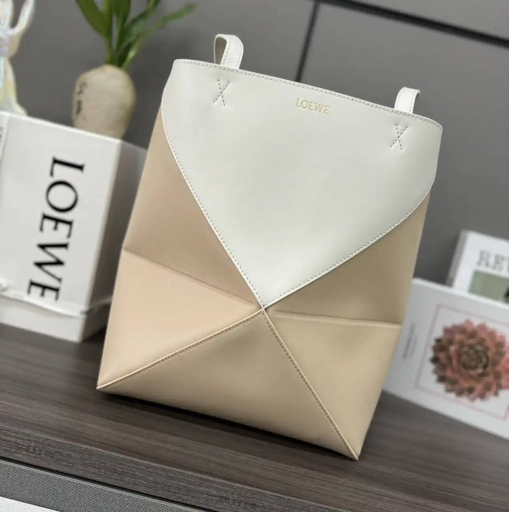 Loewe XL Puzzle Fold tote in shiny calfskin B933Q18X01 White Apricot
